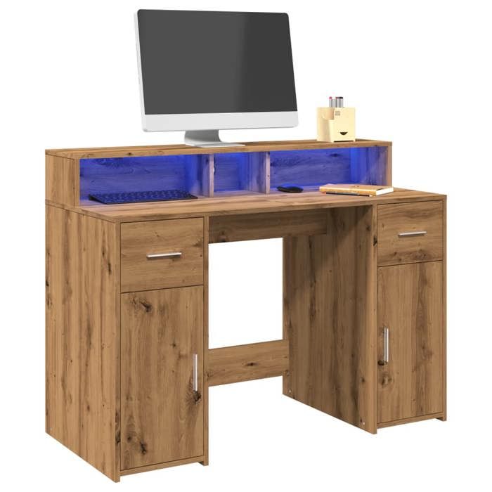 VidaXL Bureau avec lumières LED chêne artisanal bois d'ingénierie, bureau de travail, bureau d'étude, bureau à domicile, 3309419
