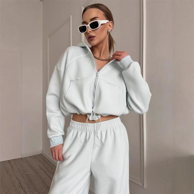 Womens 2-Piece Tracksuit Solid Color Long Sleeve Zip Up Top Elastic Waist Pants Casual Sportswear