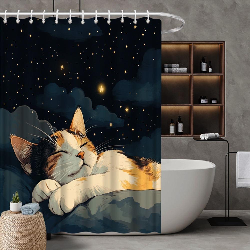 

Sleeping Cat Under The Starry Sky Washable Dirt-Resistant Shower Curtain Shower Head Waterproof Polyester Bath Curtain W60H190(CM)-1 Pcs