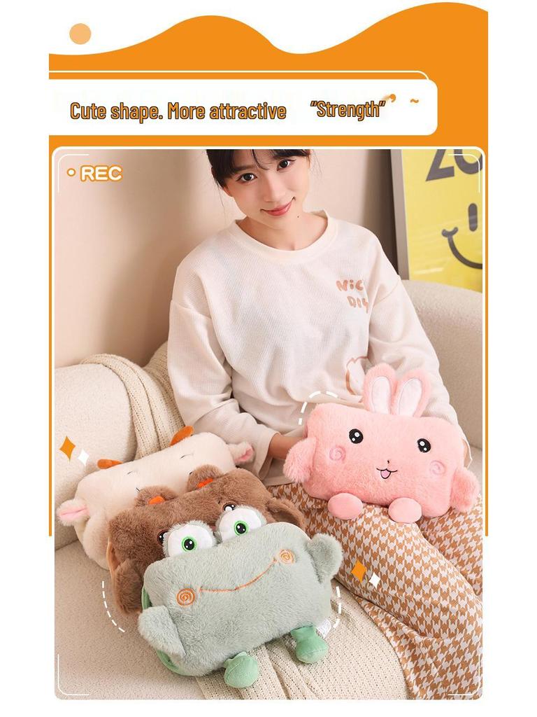Electric Plush Cartoon Hand Warmer: Rechargeable, Removable, Washable, Double Hand Inserts, Dangling Leg Design.