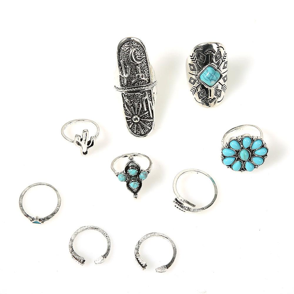 Vintage Jewelry Cactus Turquoise Sunflower 9-Piece Alloy Set Ring