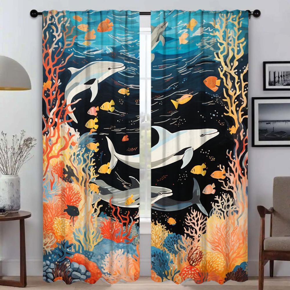 Marine Animal World Blackout Curtain for Room 2 Panel Elegant Room Curtains Partition Halloween Decoration Shades Living Kitchen