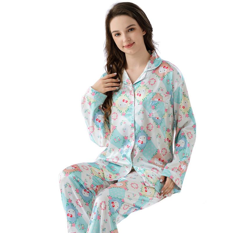 Autumn Cartoon Ice Silk Pajamas Women'S Spring And Summer Simulated Silk Cardigan Trousers Plaid Small Fresh Loungewear