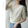 Summer Knitted Sweater Women Half Sleeve V-Neck Knitted Top Thin Loose Pearl Knitted T-shirt