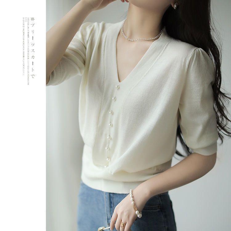Summer Knitted Sweater Women Half Sleeve V-Neck Knitted Top Thin Loose Pearl Knitted T-shirt