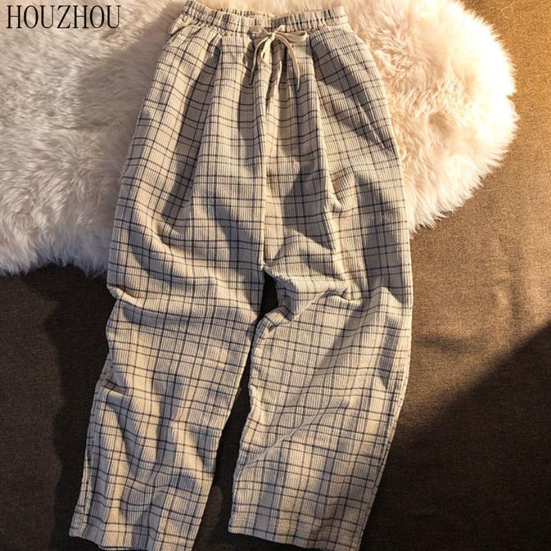 HOUZHOU Plaid Pants Women Chic Student Sweatpants Oversized Casual Ins Loose Trousers Trend