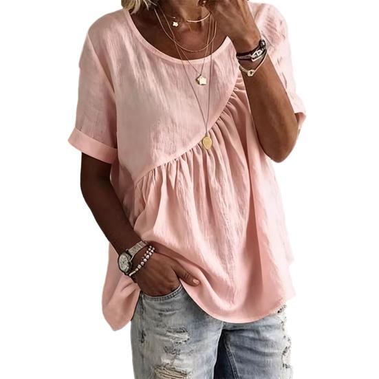 

Женская футболка с круглым вырезом, коротким рукавом, с оборками, вставками, однотонная, свободного кроя, летние повседневные топы S розовый