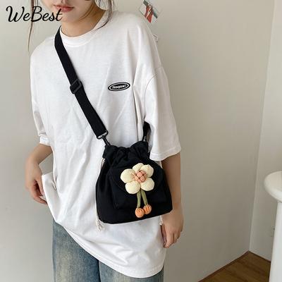 Cute Girl Crossbody Bag Casual Shoulder Bag Women Japanese Minimalist Drawstring Bucket Bag New Floral Design