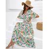 2025 Summer New Women's Batwing Sleeve Deep V Waist Trimming Printing Dress Beach Vacation Dress