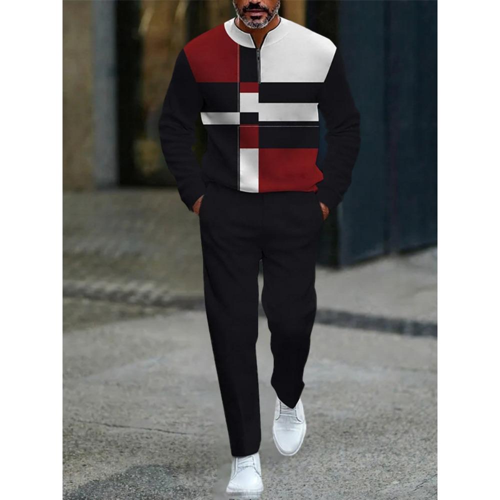Frühling Herbst Mode Streetwear Herren Langarm Halbreißverschluss Stehkragen Lässige Sportbekleidung Herrenbekleidung Zweiteiliges Set