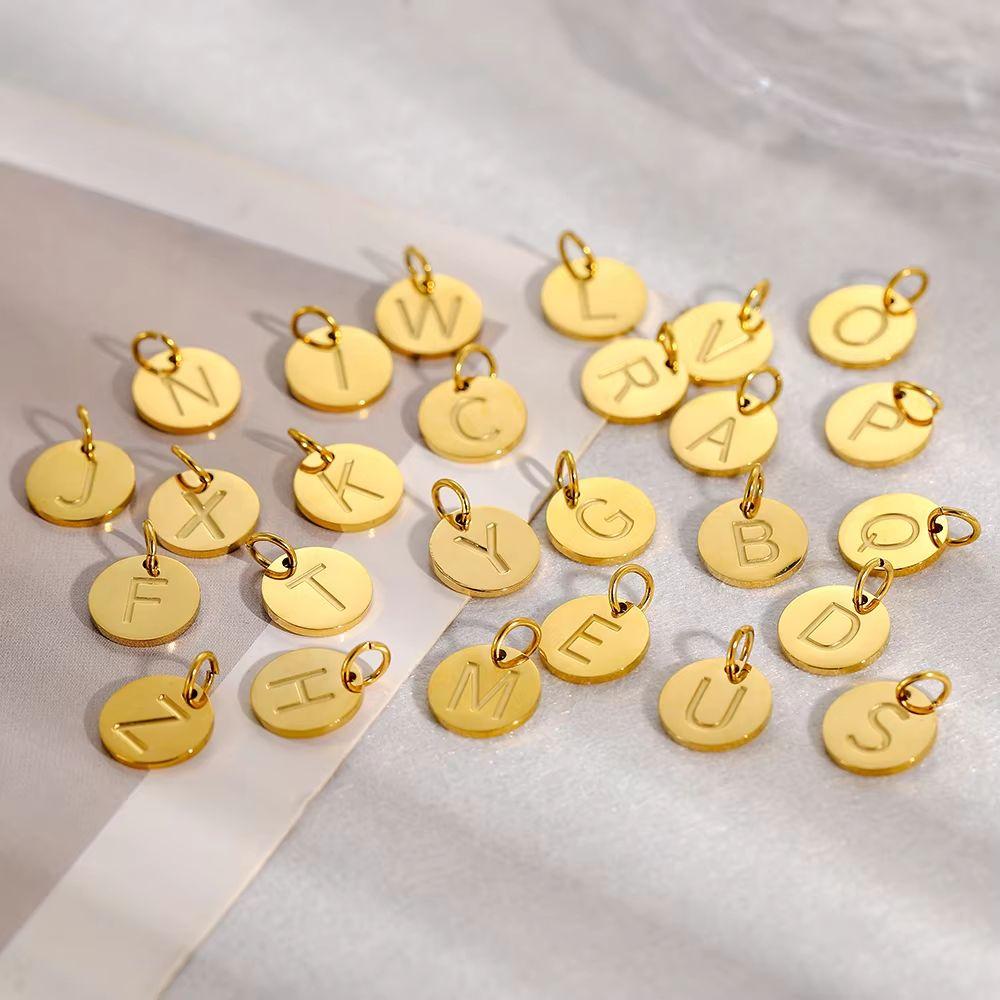 CARLIDANA Gold Plated Stainless Steel 26 Letter Charms Set Heart Bubble Initial A-Z Alphabet Letter Pendants for DIY Jewelry