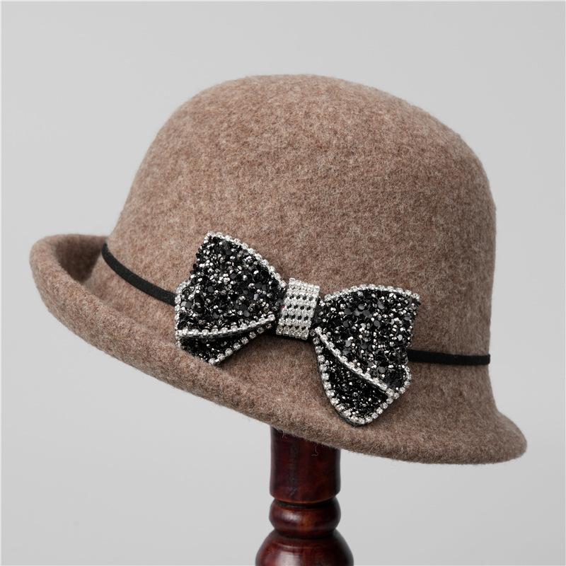 Ji Wool Top Hat Women Rhinestone Bow Socialite Small Brim French Retro Basin Hat Bucket Hat