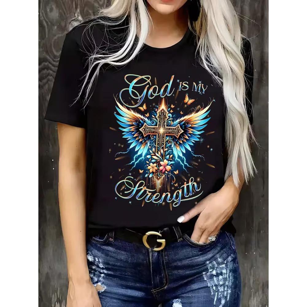 

Women s Christian Faith T-shirt Short Sleeved Round Neck Top with Cross and Wing Design, Inspired By Religious Clothing Tshirt M