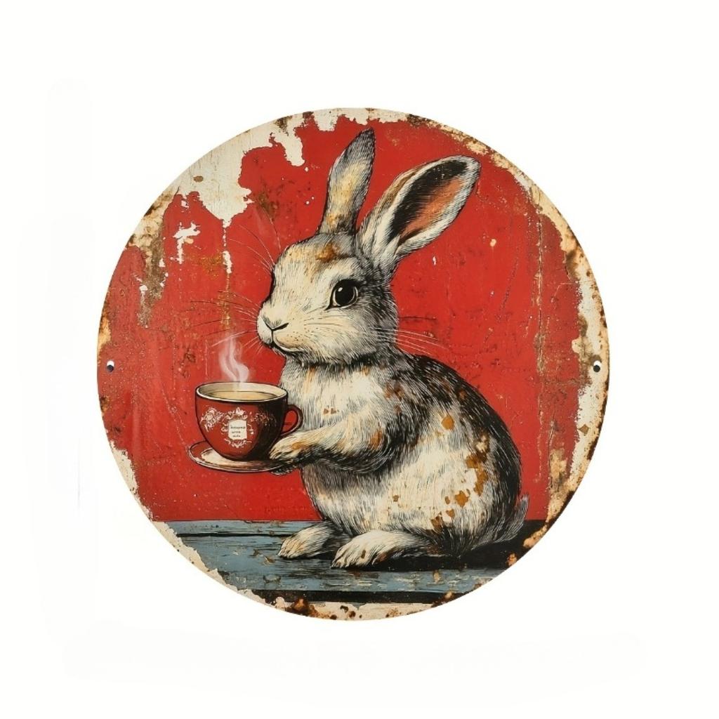 Vintage Hase mit Kaffeetasse Rundes Holzschild, 18cm Retro Wandkunst Dekor für Zuhause