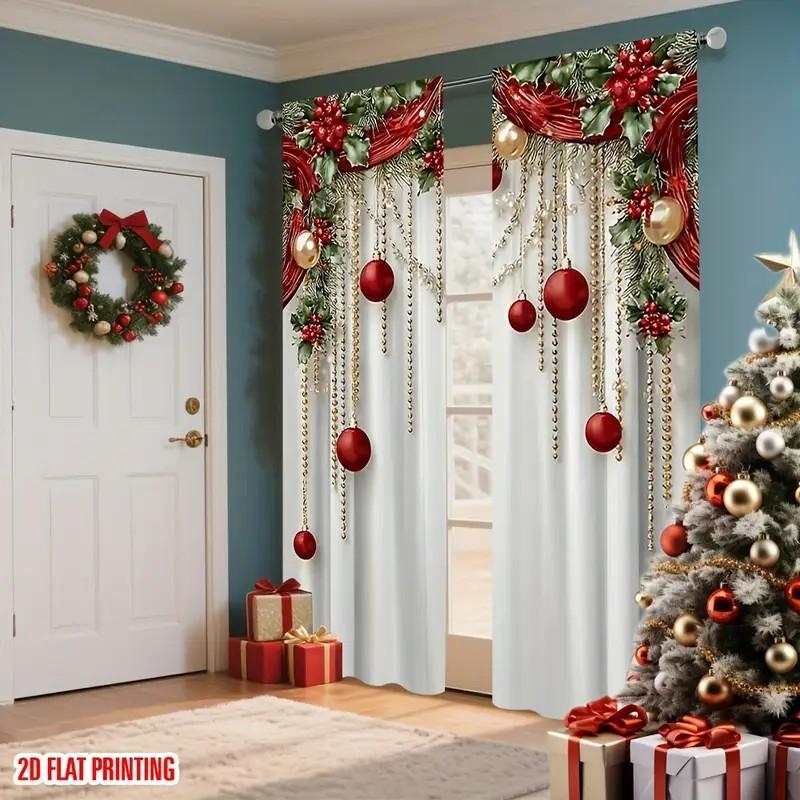 Xmas Ornament Holly Curtains Decor Polyester Holiday Window Home Living Bedroom Light Filtering Set Of 2 Made With Rod Pocket