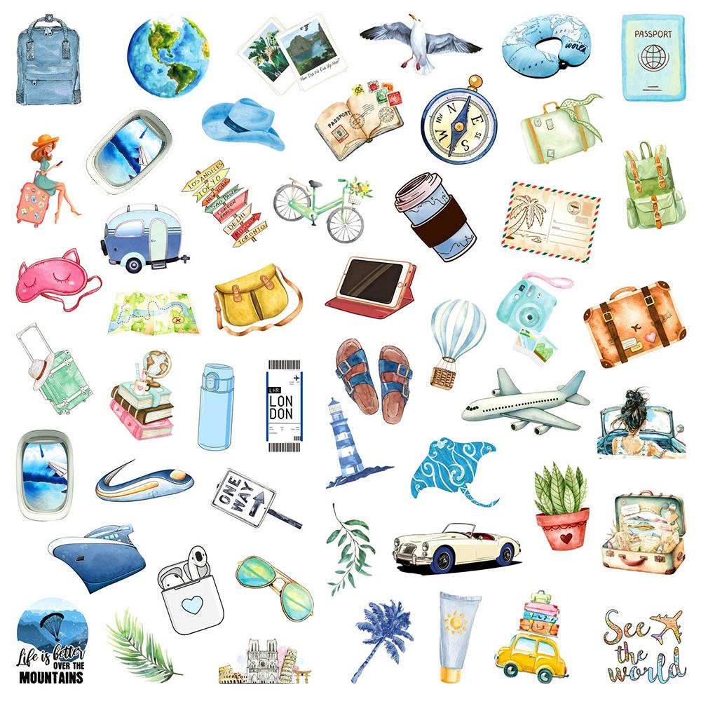10/30/50pcs Creative Watercolor Travel Life Stickers Aesthetic Cartoon Sticker Scrapbook Phone Luggage Graffiti Decals