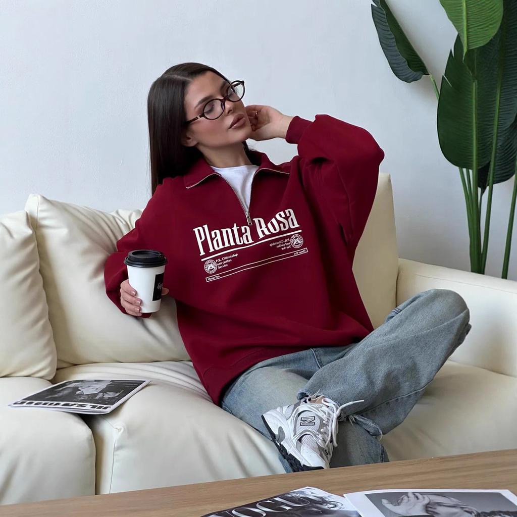 Lazy wind letter printing loose trend warm lapel half zipper sweater women