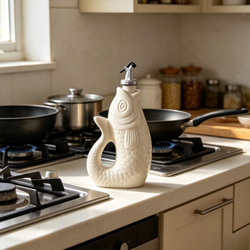 Fish-shaped Ceramic Vinegar Oil Bottle Seasoning Bottle Kitchen Olive Oil Bottle Soy Sauce Pot Kitchen Supplies Seasoning Tools