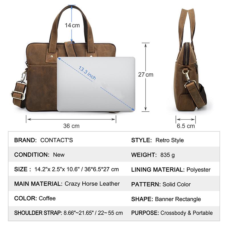 CONTACT'S Genuine Leather Laptop Bags for Men Business Messenger Shoulder Bags for 13.3/15.4/16 Inch Laptop Male Computer Tote Bags
