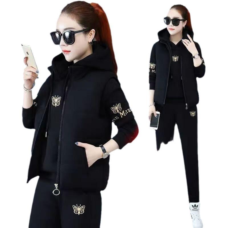 Women's Fleece-Lined Embroidered Hoodie Three-Piece Set for Autumn/Winter 2024
