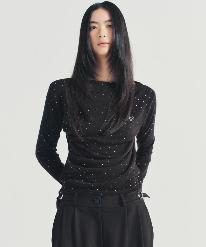 Nigaennikol Dot Shirring Drape Boat Neck Top_Black