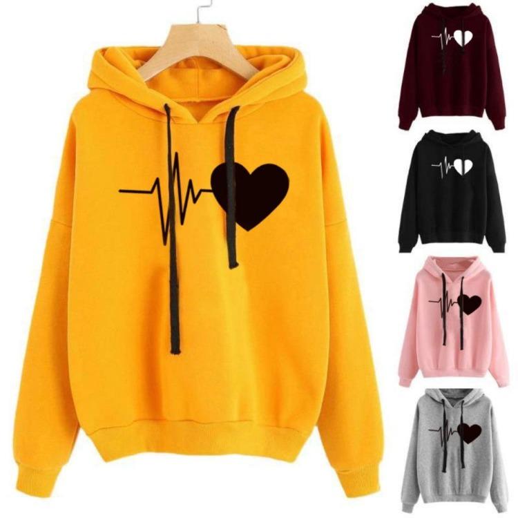 Heartbeat Print Hooded Sweater Jacket Loose Casual Autumn Winter