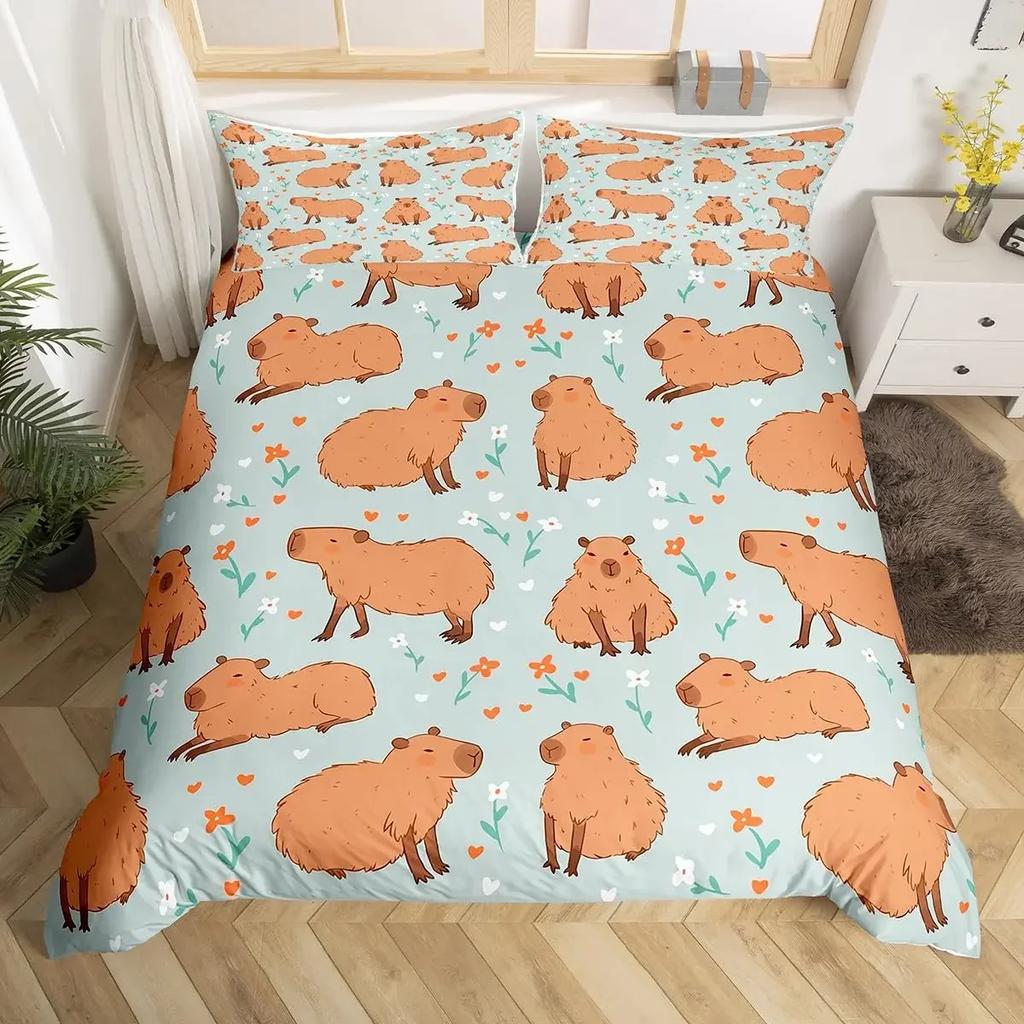 Cute Capybara Print Bedding Sets Full Kawaii Honey Bee Comforter Cover,Cartoon Animals Bed Set Red Love Heart Print Duvet Cover
