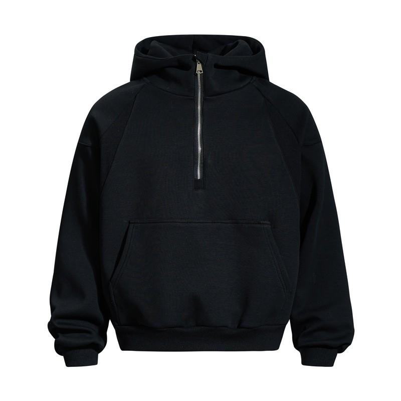 Unisex Streetwear Cropped Hoodie With Half-Zip Deconstructed Patchwork Drop Shoulder Pouch Pocket