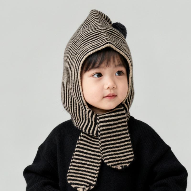 Kids Autumn-Winter Warm Thick Knit Hat Scarf Set Versatile Wool Knitted Ear Protector Cap Skullies For Boys And Girls