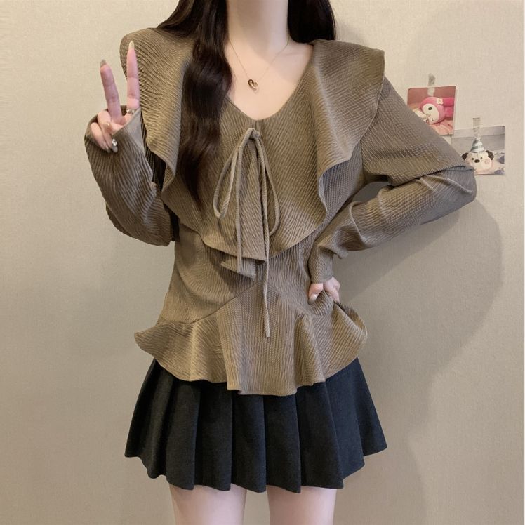 Francouzské volánkové tričko s V-výstřihem a zeštíhlujícím spodním dílem pro jaro a podzim pro ženy, krásná malá košilka