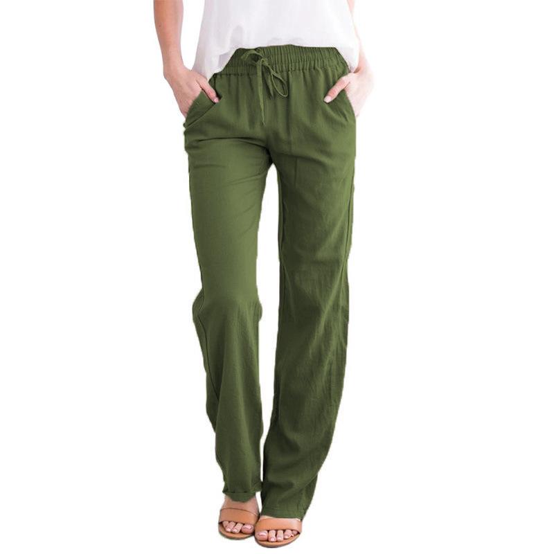 2026 Spring/Summer Women's Solid Color Cotton Linen Drawstring Wide-Leg Casual Pants