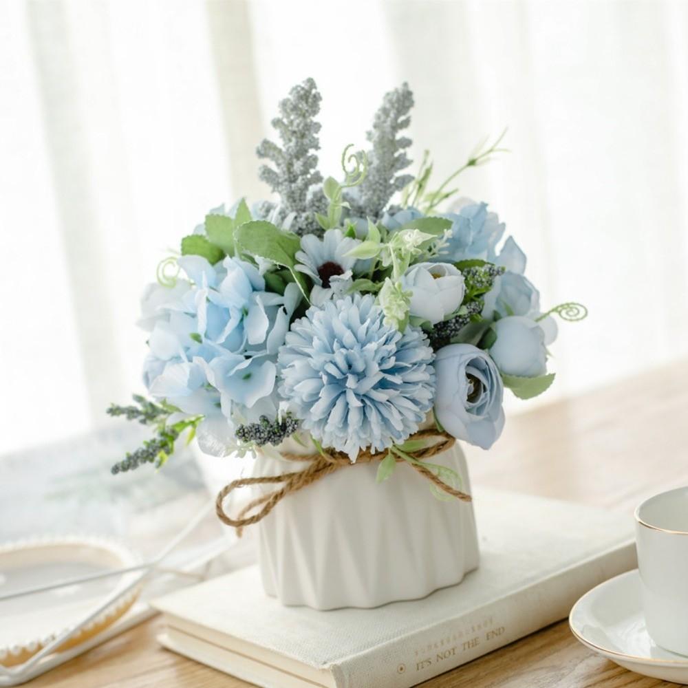 Nordic Fake Flowers with Vase Silk Variety Balls Ceramic Vase Artificial Faux Plants Hemp Rope Rose Artificial Pot Flower