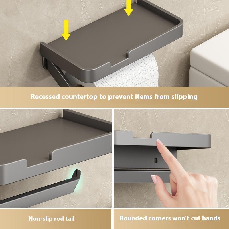 Toilet Paper Holder with Phone Shelf, No Drill Adhesive Wall Mount, Bathroom Tissue Dispenser & Storage Organizer