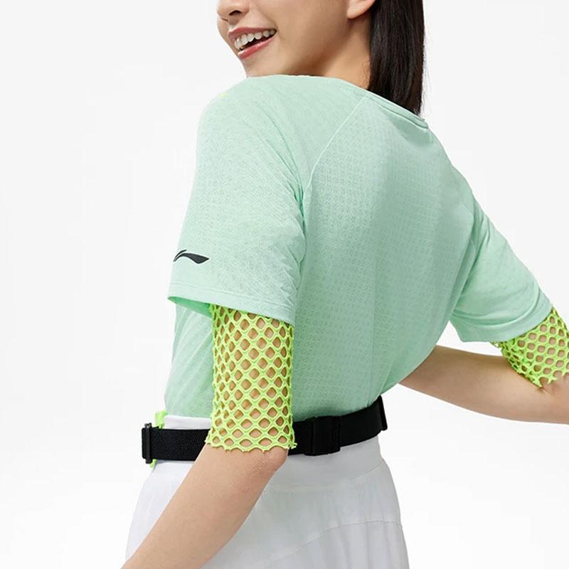 Li Ning Běžecká série Jednobarevné Rychleschnoucí Prodyšné Raglánové Tričko s Krátkým Rukávem Dámské topy Cool-Green ATSU186-3