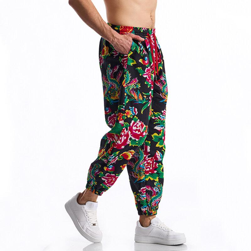 Erkek Günlük İpli Boho Etnik Baskılı Pantolon Açık Hava Aktiviteleri Eşofman Yaz Pamuk Keten Koşu Jogger Eşofman Altı