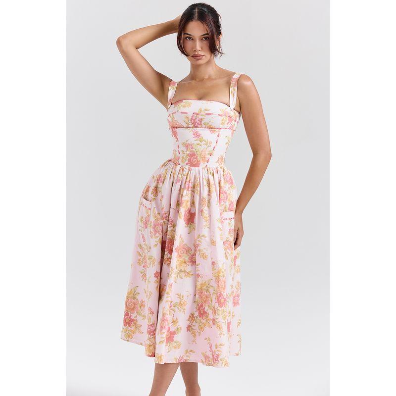 

Atmosphere Retro Plaid Sling Dress Artsy Floral(High quality) L