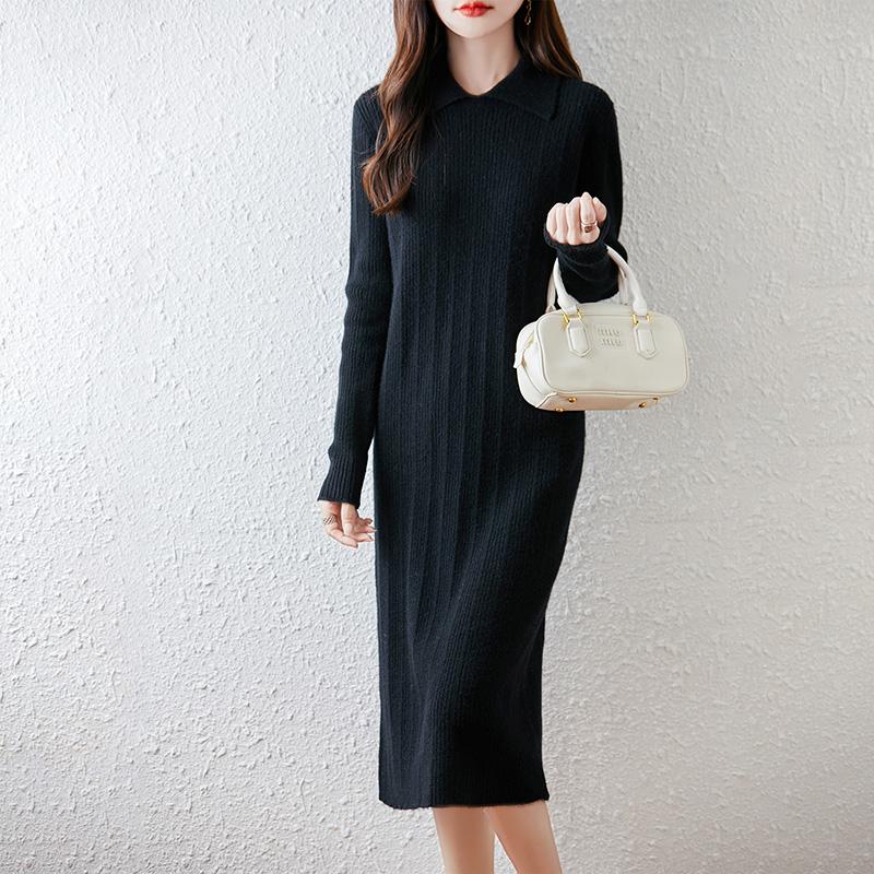Women Sweater Dress 100% Wool MODERN NEW SAGA Turn-down Collar Knit Long Pullover Winter Jumpers Wool Long Dress Female