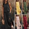 Long Dress Solid Color Sleeveless Round Neck Breathable Friendly To Skin Decorative Polyester Women Casual Maxi Dress Summer Sundress for Girl