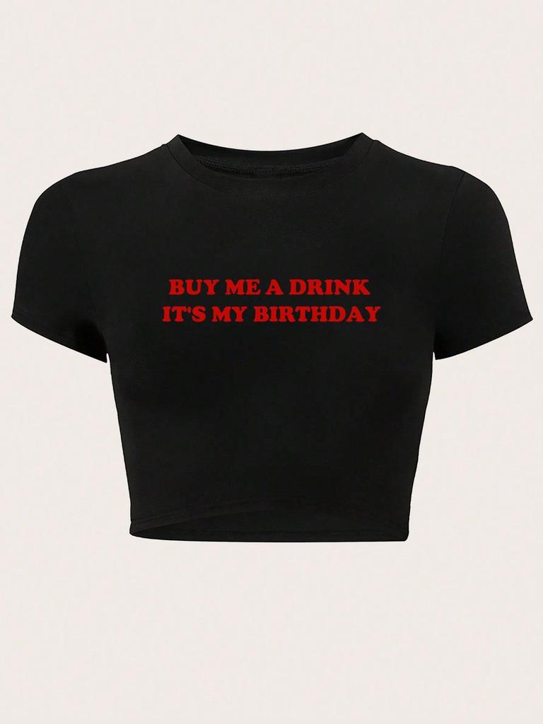 Trendy Cross-Border E-commerce Birthday Print Cropped T-shirt: Sexy Slim-Fit Short Sleeve Top