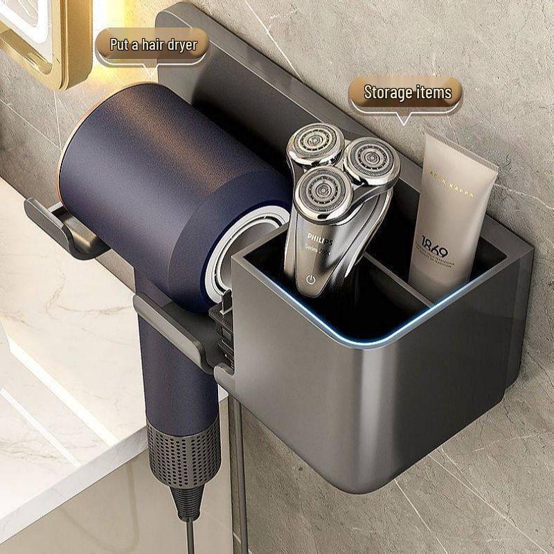 Universal No-Drill Wall-Mounted Hair Dryer Holder & Bathroom Storage Shelf