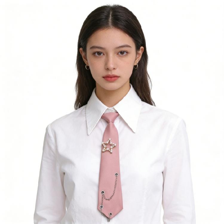 Student Pre Tied Neck Ties Preepy Look Pearls Star Metal Chain Dark Tie Cravat Neck Wear Accessories