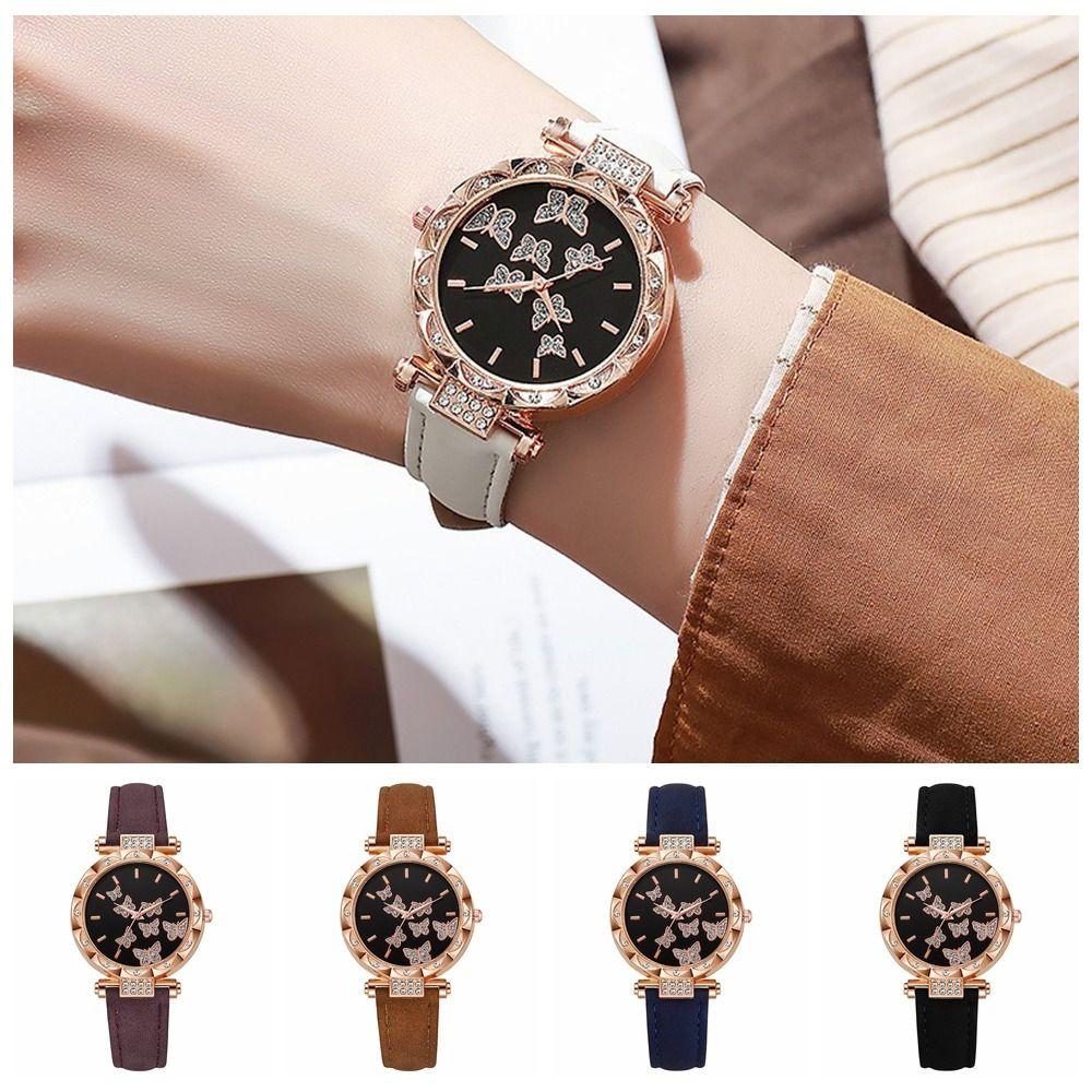 Butterfly Dial Quartz Watch Rhinestone Wristwatches Elegant Women Watches  Women