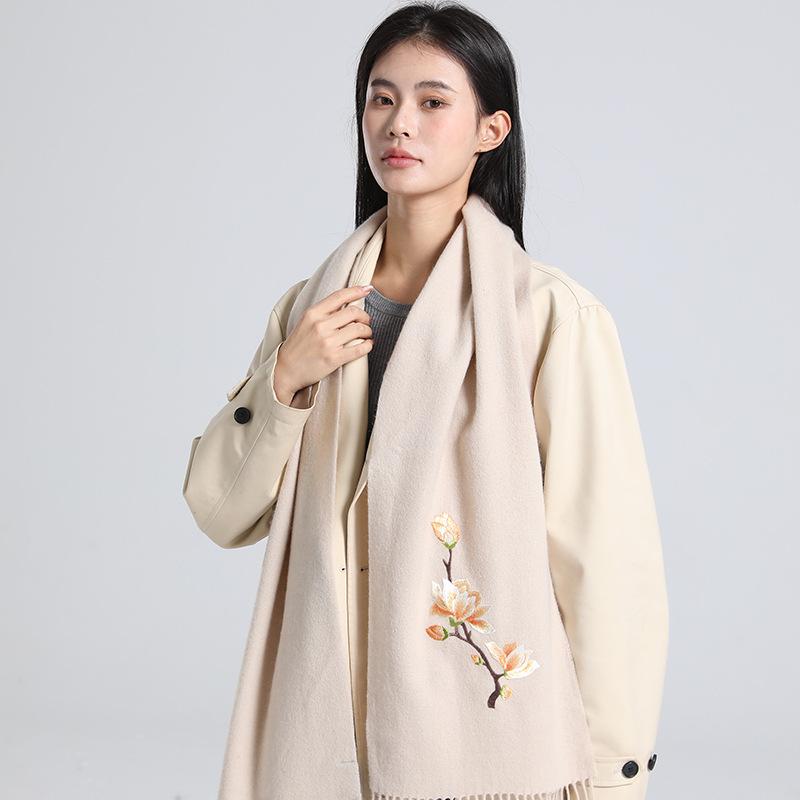 Embroidered 100 wool scarf, solid color shawl, versatile autumn and winter scarf, simple tassel red scarf