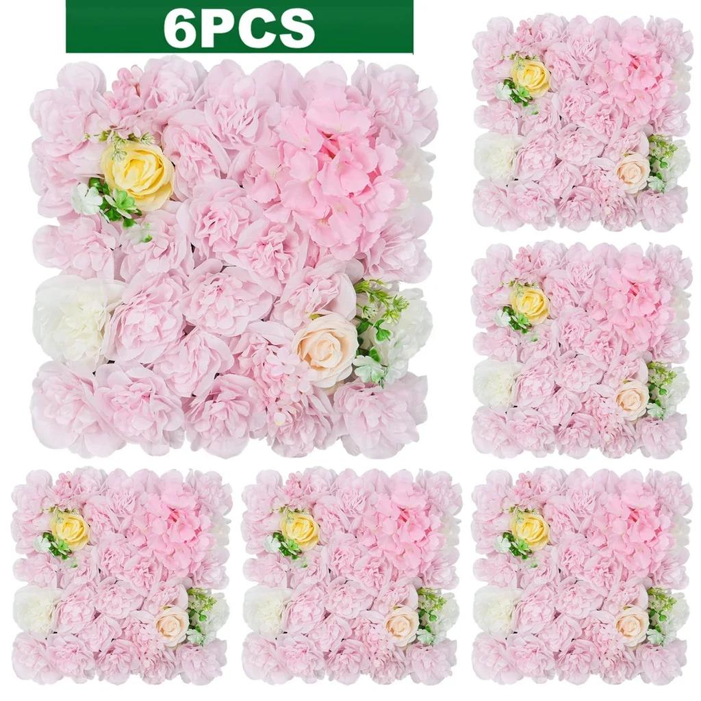 6Pcs Artificial Flowers Wall Panels Decorative Silk Rose Flower Hydrangea Floral Panels for Background Home Wedding Party Décor