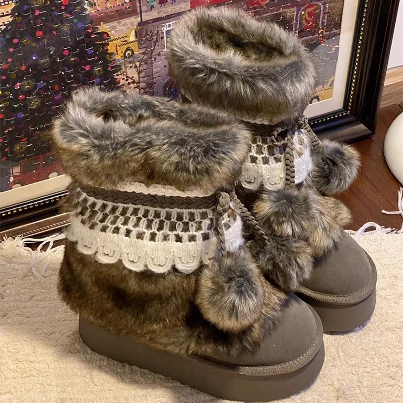 Fashion Shoes Cswo01 Unisex Faux Fur Women Winter Snow Luxury Fluffy Fuzzy Warm Cozy Waterproof Platform Lace-Up Mid-Calf Ski Boots Cm