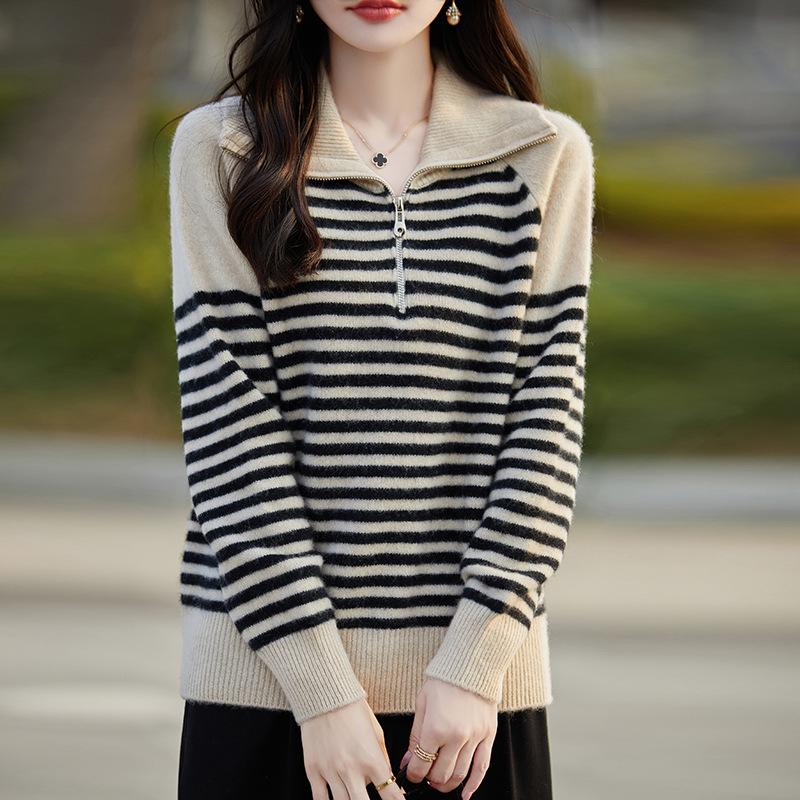 Women's 100% Pure Wool High Neck Half Zip Cashmere Sweater - Loose Knit Pullover