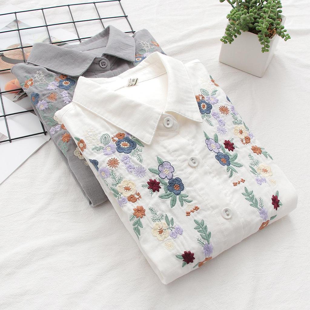 Femmes Col rabattu Hauts amples Fille Manches longues Blouses Broderie Printemps Chemises Fil double coton