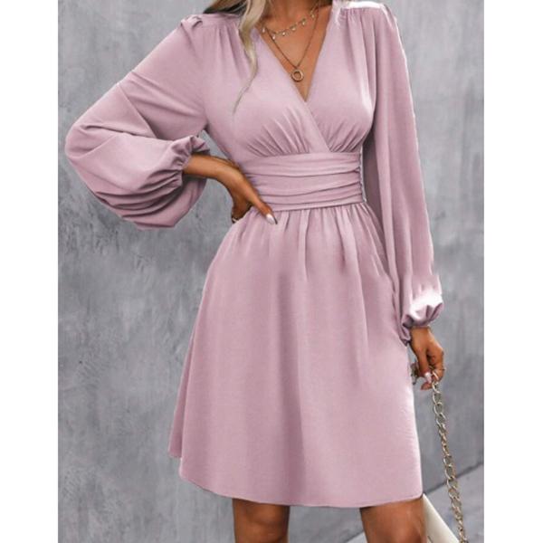 Abiti Abbigliamento Donna Scollo a V Manica a Lanterna Wrap Mini Abito Vita Arricciata Orlo Svasato Elegante per Stili Autunnali e da Festa