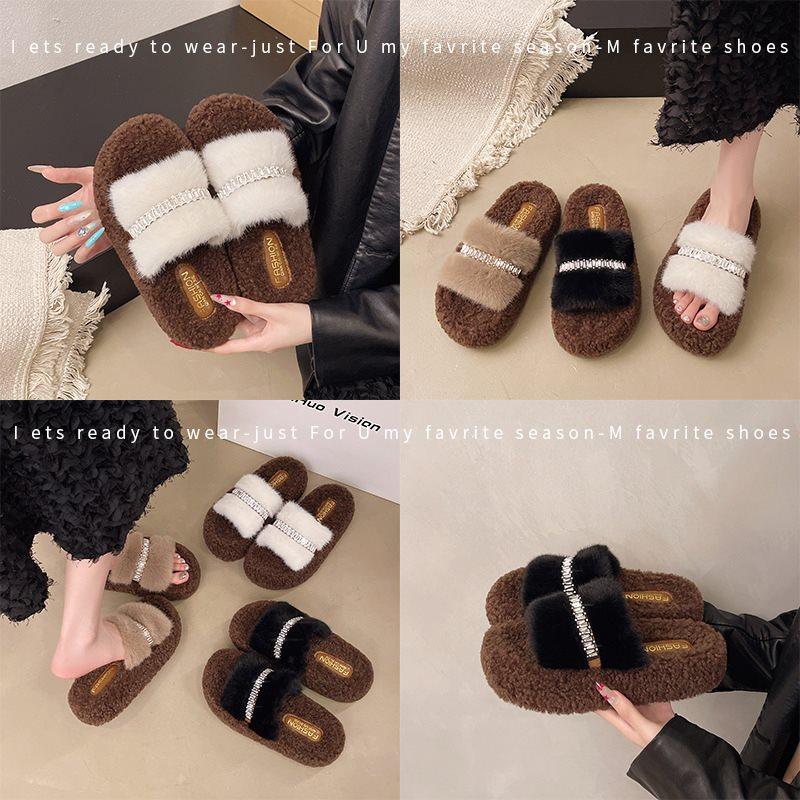 2025 warm and bright new drill fluffy slippers women's fluffy cotton mop autumn and winter wear fluffy shoes thick soles go out