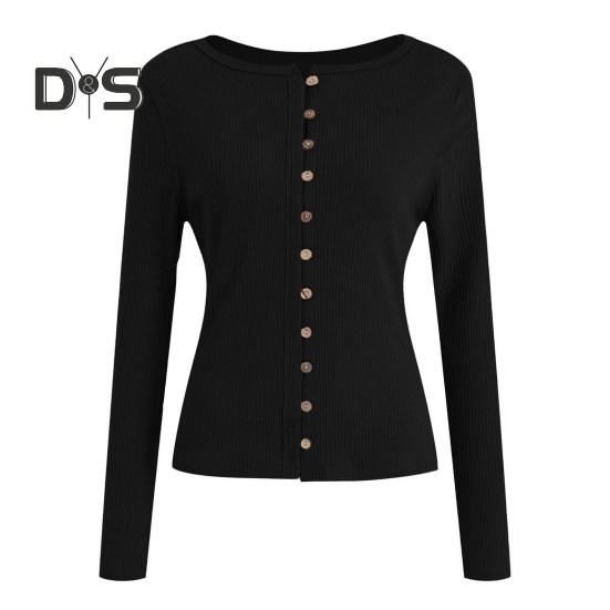 

Женские трикотажные топы с круглым вырезом и длинным рукавом, однобортные, ребристые, с застежкой на пуговицы спереди, приталенный кардиган L чёрный